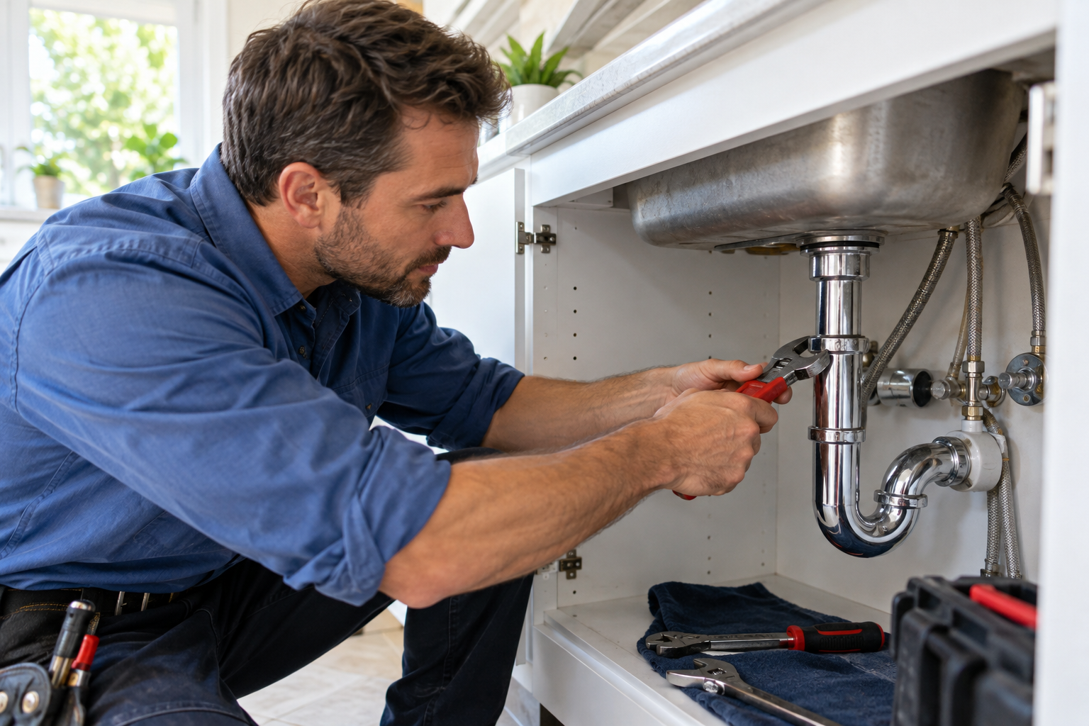 Illustrative plumber working on a sink